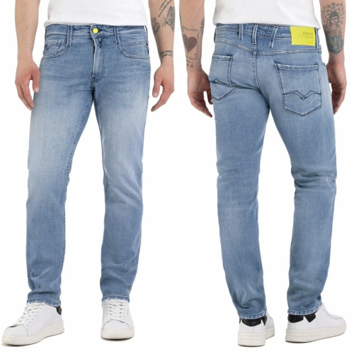 Jeans Replay homme anbass bleu clair, bouton et étiquette jaune