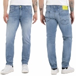 Jeans Replay homme anbass bleu clair, bouton et étiquette jaune