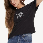 T Shirt crop top femme Tommy Hilfiger / Tommy Jeans noir logo brodé