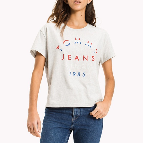 T Shirt cropped femme Tommy Jeans gris logo brodé