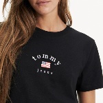 T Shirt femme Tommy Jeans noir logo brodé et drapeau américain